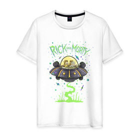 Мужская футболка хлопок с принтом Rick and Morty on a spaceship в Санкт-Петербурге, 100% хлопок | прямой крой, круглый вырез горловины, длина до линии бедер, слегка спущенное плечо. | spaceship | vdgerir | космический корабль | нло | тарелка