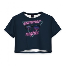 Женская футболка Cropp-top с принтом Summer Nights в Санкт-Петербурге, 100% полиэстер | круглая горловина, длина футболки до линии талии, рукава с отворотами | Тематика изображения на принте: 80 | cyber | game | hotline | hotlinemiami | maiami | music | nights | outrun | retro | retrowave | summer | synth | synthwave | игра | кибер | лето | ночь | ретро