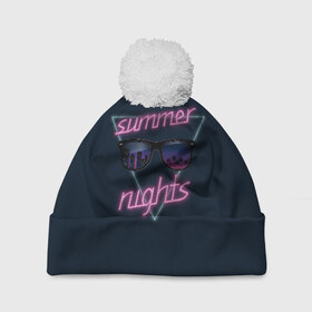 Шапка 3D c помпоном с принтом Summer Nights в Санкт-Петербурге, 100% полиэстер | универсальный размер, печать по всей поверхности изделия | 80 | cyber | game | hotline | hotlinemiami | maiami | music | nights | outrun | retro | retrowave | summer | synth | synthwave | игра | кибер | лето | ночь | ретро