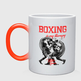 Кружка хамелеон с принтом Boxing is my therapy в Санкт-Петербурге, керамика | меняет цвет при нагревании, емкость 330 мл | boxing | mike tyson | my therapy | бокс | майк тайсон