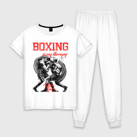 Женская пижама хлопок с принтом Boxing is my therapy в Санкт-Петербурге, 100% хлопок | брюки и футболка прямого кроя, без карманов, на брюках мягкая резинка на поясе и по низу штанин | boxing | mike tyson | my therapy | бокс | майк тайсон