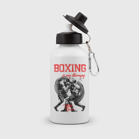 Бутылка спортивная с принтом Boxing is my therapy в Санкт-Петербурге, металл | емкость — 500 мл, в комплекте две пластиковые крышки и карабин для крепления | boxing | mike tyson | my therapy | бокс | майк тайсон