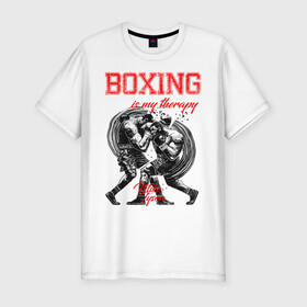 Мужская футболка хлопок Slim с принтом Boxing is my therapy в Санкт-Петербурге, 92% хлопок, 8% лайкра | приталенный силуэт, круглый вырез ворота, длина до линии бедра, короткий рукав | boxing | mike tyson | my therapy | бокс | майк тайсон
