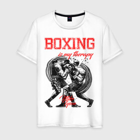 Мужская футболка хлопок с принтом Boxing is my therapy в Санкт-Петербурге, 100% хлопок | прямой крой, круглый вырез горловины, длина до линии бедер, слегка спущенное плечо. | boxing | mike tyson | my therapy | бокс | майк тайсон