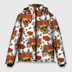 Мужская зимняя куртка 3D с принтом Skulls and Roses в Санкт-Петербурге, верх — 100% полиэстер; подкладка — 100% полиэстер; утеплитель — 100% полиэстер | длина ниже бедра, свободный силуэт Оверсайз. Есть воротник-стойка, отстегивающийся капюшон и ветрозащитная планка. 

Боковые карманы с листочкой на кнопках и внутренний карман на молнии. | flowers | halloween | rose | skull | tattoo | жуки | насекомые | роза | тату | татуировка | хеллоуин | хэллоуин | цветок | цветы | череп
