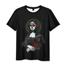 Мужская футболка 3D с принтом Mona Lisa - Santa Muerte в Санкт-Петербурге, 100% полиэфир | прямой крой, круглый вырез горловины, длина до линии бедер | dead | death | lisa | mona | muerte | muertos | santa | день | искуство | картина | лиза | мона | муэрте | муэртес | муэртос | роза | розы | санта | тату | татуировка | цветы | череп