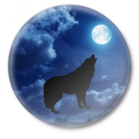 Значок с принтом WOLF в Санкт-Петербурге,  металл | круглая форма, металлическая застежка в виде булавки | wolf | волк | луна | ночь
