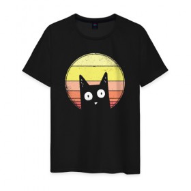 Мужская футболка хлопок с принтом Винтажный Котик в Санкт-Петербурге, 100% хлопок | прямой крой, круглый вырез горловины, длина до линии бедер, слегка спущенное плечо. | cat | retro | sunset | vintage | винтаж | кот | котики | коты | кошка | кошки | ретро