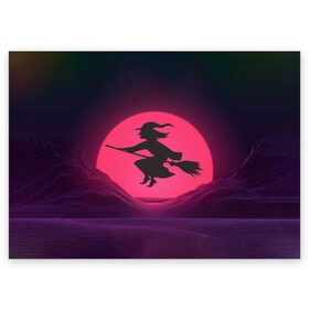 Поздравительная открытка с принтом The Witch(Happy Halloween) в Санкт-Петербурге, 100% бумага | плотность бумаги 280 г/м2, матовая, на обратной стороне линовка и место для марки
 | halloween | halloweenparty | witch | в подарок | ведьма | ведьмочка | вечеринка | детский дизайн | детский рисунок | для подарка | закат солнца | мягкие цвета | пати | хэллоуин