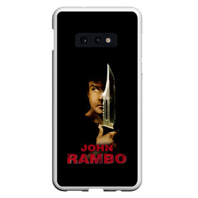 Чехол для Samsung S10E с принтом John Rambo в Санкт-Петербурге, Силикон | Область печати: задняя сторона чехла, без боковых панелей | Тематика изображения на принте: action | army | blood | first | john | last | rambo | stallone | states | sylvester | united | usa | армия | боевик | джон | кровь | первая | последняя | рэмбо | сильвестр | сталлоне | сша