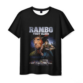 Мужская футболка 3D с принтом Rambo: First Blood в Санкт-Петербурге, 100% полиэфир | прямой крой, круглый вырез горловины, длина до линии бедер | action | army | blood | first | john | last | rambo | stallone | states | sylvester | united | usa | армия | боевик | джон | кровь | первая | последняя | рэмбо | сильвестр | сталлоне | сша