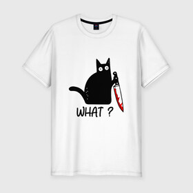Мужская футболка премиум с принтом What cat в Санкт-Петербурге, 92% хлопок, 8% лайкра | приталенный силуэт, круглый вырез ворота, длина до линии бедра, короткий рукав | cat | kitten | knife | what | кот | котёнок | кошка | кровь | нож | что