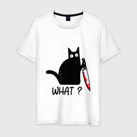 Мужская футболка хлопок с принтом What cat в Санкт-Петербурге, 100% хлопок | прямой крой, круглый вырез горловины, длина до линии бедер, слегка спущенное плечо. | Тематика изображения на принте: cat | kitten | knife | what | кот | котёнок | кошка | кровь | нож | что