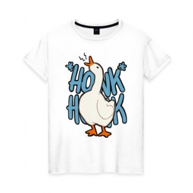 Женская футболка хлопок с принтом КРЯ-КРЯ в Санкт-Петербурге, 100% хлопок | прямой крой, круглый вырез горловины, длина до линии бедер, слегка спущенное плечо | meme | untitled goose game | злой гусь | мем | птица