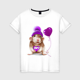 Женская футболка хлопок с принтом Крыска с шариком в Санкт-Петербурге, 100% хлопок | прямой крой, круглый вырез горловины, длина до линии бедер, слегка спущенное плечо | heart | lovely | крыса | крыска | любовь | мими | романтика | сердечки | сердце | шарик