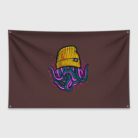 Флаг-баннер с принтом Octopus(Lil Peep GBC) в Санкт-Петербурге, 100% полиэстер | размер 67 х 109 см, плотность ткани — 95 г/м2; по краям флага есть четыре люверса для крепления | gbc | lil | peep | rap | rock | бордовый | желтый | зеленый | исполнитель | картинка | надпись на спине | осьминог | редактируемый дизайн | рок | рэп | рэпер | сочный цвет | фиолетовый