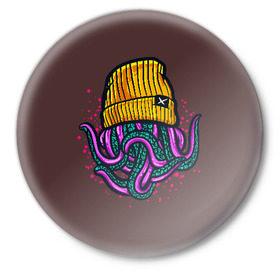 Значок с принтом Octopus(Lil Peep, GBC) в Санкт-Петербурге,  металл | круглая форма, металлическая застежка в виде булавки | gbc | lil | peep | rap | rock | бордовый | желтый | зеленый | исполнитель | картинка | надпись на спине | осьминог | редактируемый дизайн | рок | рэп | рэпер | сочный цвет | фиолетовый