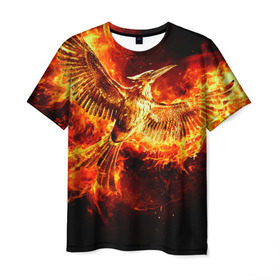 Мужская футболка 3D с принтом Феникс в огне в Санкт-Петербурге, 100% полиэфир | прямой крой, круглый вырез горловины, длина до линии бедер | fire | flame | phoenix | крылья | огонь | перья | пламя | птица | феникс