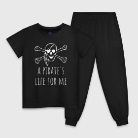 Детская пижама хлопок с принтом A pirates life for me в Санкт-Петербурге, 100% хлопок |  брюки и футболка прямого кроя, без карманов, на брюках мягкая резинка на поясе и по низу штанин
 | Тематика изображения на принте: a pirates life for me | jolly roger | pirate | skull | веселый роджер | пират | пиратская жизнь | пираты | череп | череп и кости