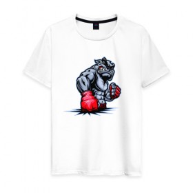 Мужская футболка хлопок с принтом Бульдог Боксер в Санкт-Петербурге, 100% хлопок | прямой крой, круглый вырез горловины, длина до линии бедер, слегка спущенное плечо. | бодибилдинг | бокс | бульдог | бульдог боксер | дикое животное | животное | зверь | качек | накаченное животное | накаченный зверь | рисунок