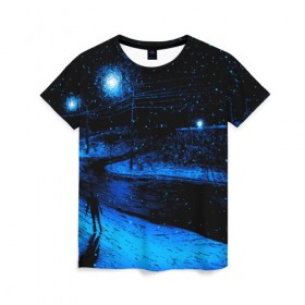Женская футболка 3D с принтом ЗИМНЯЯ НОЧЬ в Санкт-Петербурге, 100% полиэфир ( синтетическое хлопкоподобное полотно) | прямой крой, круглый вырез горловины, длина до линии бедер | star | stars | texture | вечер | вечерние иллюстрации | звезда | звезды | ночной пейзаж | ночные | ночь | природа | прогулки | текстуры