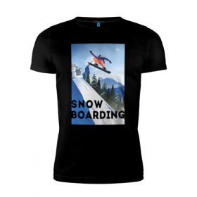 Мужская футболка премиум с принтом сноубордист в Санкт-Петербурге, 92% хлопок, 8% лайкра | приталенный силуэт, круглый вырез ворота, длина до линии бедра, короткий рукав | горы | зима | природа | снег | сноуборд | спорт