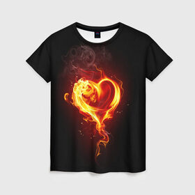 Женская футболка 3D с принтом Огненное сердце в Санкт-Петербурге, 100% полиэфир ( синтетическое хлопкоподобное полотно) | прямой крой, круглый вырез горловины, длина до линии бедер | 14 февраля | heart | в подарок | горящее | день святого валентина | для влюбленных | для подарка | огненный | огонь | сердце