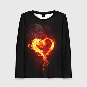 Женский лонгслив 3D с принтом Огненное сердце в Санкт-Петербурге, 100% полиэстер | длинные рукава, круглый вырез горловины, полуприлегающий силуэт | 14 февраля | heart | в подарок | горящее | день святого валентина | для влюбленных | для подарка | огненный | огонь | сердце