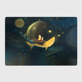 Магнитный плакат 3Х2 с принтом Девушка и кит в облаках в Санкт-Петербурге, Полимерный материал с магнитным слоем | 6 деталей размером 9*9 см | вечер | волшебство | девочка | звезды | иллюстрация | кит | космос | магия | небо | ночь | облака | планета