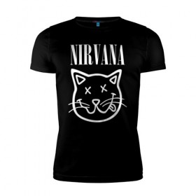 Мужская футболка премиум с принтом NIRVANA в Санкт-Петербурге, 92% хлопок, 8% лайкра | приталенный силуэт, круглый вырез ворота, длина до линии бедра, короткий рукав | Тематика изображения на принте: cat | kitty | nirvana | smile | кот | курт кобейн | нирвана | смайл