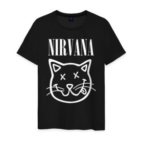 Мужская футболка хлопок с принтом NIRVANA в Санкт-Петербурге, 100% хлопок | прямой крой, круглый вырез горловины, длина до линии бедер, слегка спущенное плечо. | cat | kitty | nirvana | smile | кот | курт кобейн | нирвана | смайл