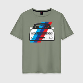 Женская футболка хлопок Oversize с принтом BMW M3 (E30) (M флаг) в Санкт-Петербурге, 100% хлопок | свободный крой, круглый ворот, спущенный рукав, длина до линии бедер
 | bmw | bmw m3 | bmw m3 e30 | e30 | m3 | бмв | бмв м3 | м3