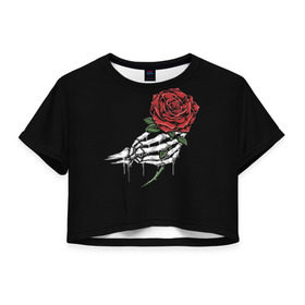Женская футболка Cropp-top с принтом Рука скелета с розой в Санкт-Петербурге, 100% полиэстер | круглая горловина, длина футболки до линии талии, рукава с отворотами | core | hand | hardcore | skeleton | tatoo | роза | романтика | рука | скелет | тату | цветок | черный фон