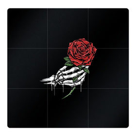 Магнитный плакат 3Х3 с принтом Рука скелета с розой в Санкт-Петербурге, Полимерный материал с магнитным слоем | 9 деталей размером 9*9 см | Тематика изображения на принте: core | hand | hardcore | skeleton | tatoo | роза | романтика | рука | скелет | тату | цветок | черный фон