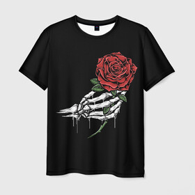 Мужская футболка 3D с принтом Рука скелета с розой в Санкт-Петербурге, 100% полиэфир | прямой крой, круглый вырез горловины, длина до линии бедер | Тематика изображения на принте: core | hand | hardcore | skeleton | tatoo | роза | романтика | рука | скелет | тату | цветок | черный фон