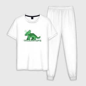 Мужская пижама хлопок с принтом Трицератопс в Санкт-Петербурге, 100% хлопок | брюки и футболка прямого кроя, без карманов, на брюках мягкая резинка на поясе и по низу штанин
 | динозавр | пиксельный динозавр | пиксельный рисунок | трицератопс