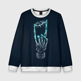 Детский свитшот 3D с принтом Rock в Санкт-Петербурге, 100% полиэстер | свободная посадка, прямой крой, мягкая тканевая резинка на рукавах и понизу свитшота | bone | bones | dead | death | electro | music | rock | skeleton | е | еее | кости | кость | молния | музыка | рок | роцк | рука | скелет | электричество | электро