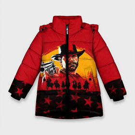 Зимняя куртка для девочек 3D с принтом Red Dead Redemption 2 в Санкт-Петербурге, ткань верха — 100% полиэстер; подклад — 100% полиэстер, утеплитель — 100% полиэстер. | длина ниже бедра, удлиненная спинка, воротник стойка и отстегивающийся капюшон. Есть боковые карманы с листочкой на кнопках, утяжки по низу изделия и внутренний карман на молнии. 

Предусмотрены светоотражающий принт на спинке, радужный светоотражающий элемент на пуллере молнии и на резинке для утяжки. | dead | rdr | rdr2 | red | redemption | артур | банда | бандиты | вестерн | дикий запад | ковбои | морган | сша