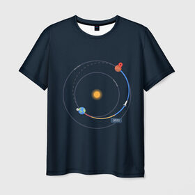 Мужская футболка 3D с принтом Земля - Марс в Санкт-Петербурге, 100% полиэфир | прямой крой, круглый вырез горловины, длина до линии бедер | 2022 | cat | elon | galaxy | mars | moon | musk | nasa | space | spacex | tesla | вселенная | галактика | звезды | илон | космонавт | космос | луна | марс | маск | наса | скафандр | тесла