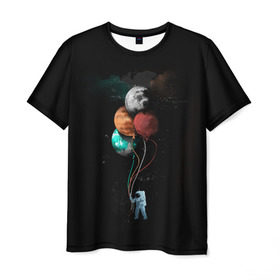 Мужская футболка 3D с принтом Космонавт с шариками в Санкт-Петербурге, 100% полиэфир | прямой крой, круглый вырез горловины, длина до линии бедер | cat | elon | galaxy | mars | moon | musk | nasa | space | spacex | вселенная | галактика | звезды | илон | космонавт | космос | луна | марс | маск | наса | скафандр