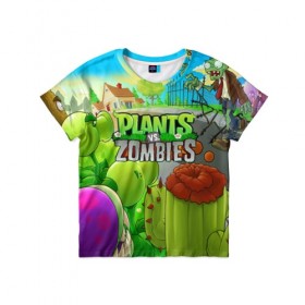 Детская футболка 3D с принтом PLANTS VS ZOMBIES в Санкт-Петербурге, 100% гипоаллергенный полиэфир | прямой крой, круглый вырез горловины, длина до линии бедер, чуть спущенное плечо, ткань немного тянется | Тематика изображения на принте: battle | plants | plants vs zombies | pvsz | vs | zombies | растения против зомби