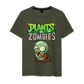 Мужская футболка хлопок с принтом Зомби в Санкт-Петербурге, 100% хлопок | прямой крой, круглый вырез горловины, длина до линии бедер, слегка спущенное плечо. | battle | neighborville | plant | plants | zombi | zombie | zombies | зомби | лого | логотип | надпись | против | растения