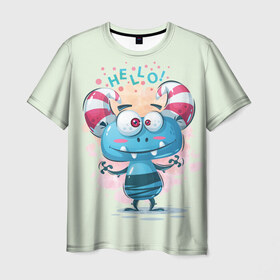 Мужская футболка 3D с принтом HELLO в Санкт-Петербурге, 100% полиэфир | прямой крой, круглый вырез горловины, длина до линии бедер | bright | cute monsters | fun | funny | веселый | милый монстрик | прикольный | яркий забавный