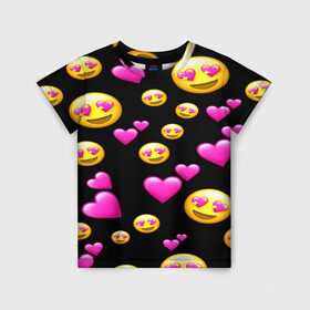 Детская футболка 3D с принтом ВЛЮБЛЕННЫЕ СМАЙЛИКИ в Санкт-Петербурге, 100% гипоаллергенный полиэфир | прямой крой, круглый вырез горловины, длина до линии бедер, чуть спущенное плечо, ткань немного тянется | Тематика изображения на принте: emoji | настроение | позитив | смайлики | смайлы | стикеры | текстура смайл | улыбки | фон смайл | эмодзи