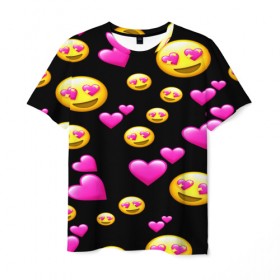 Мужская футболка 3D с принтом ВЛЮБЛЕННЫЕ СМАЙЛИКИ в Санкт-Петербурге, 100% полиэфир | прямой крой, круглый вырез горловины, длина до линии бедер | emoji | настроение | позитив | смайлики | смайлы | стикеры | текстура смайл | улыбки | фон смайл | эмодзи