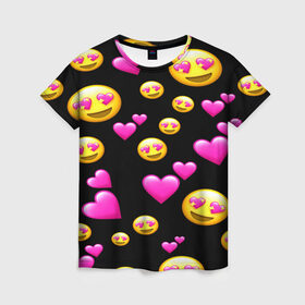 Женская футболка 3D с принтом ВЛЮБЛЕННЫЕ СМАЙЛИКИ в Санкт-Петербурге, 100% полиэфир ( синтетическое хлопкоподобное полотно) | прямой крой, круглый вырез горловины, длина до линии бедер | emoji | настроение | позитив | смайлики | смайлы | стикеры | текстура смайл | улыбки | фон смайл | эмодзи