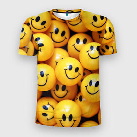 Мужская футболка 3D спортивная с принтом ЖЕЛТЫЕ СМАЙЛИКИ в Санкт-Петербурге, 100% полиэстер с улучшенными характеристиками | приталенный силуэт, круглая горловина, широкие плечи, сужается к линии бедра | emoji | настроение | позитив | смайлики | смайлы | стикеры | текстура смайл | улыбки | фон смайл | эмодзи