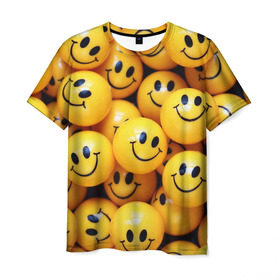 Мужская футболка 3D с принтом ЖЕЛТЫЕ СМАЙЛИКИ в Санкт-Петербурге, 100% полиэфир | прямой крой, круглый вырез горловины, длина до линии бедер | emoji | настроение | позитив | смайлики | смайлы | стикеры | текстура смайл | улыбки | фон смайл | эмодзи