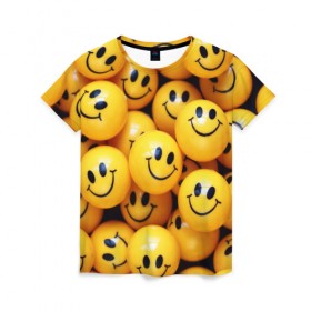 Женская футболка 3D с принтом ЖЕЛТЫЕ СМАЙЛИКИ в Санкт-Петербурге, 100% полиэфир ( синтетическое хлопкоподобное полотно) | прямой крой, круглый вырез горловины, длина до линии бедер | emoji | настроение | позитив | смайлики | смайлы | стикеры | текстура смайл | улыбки | фон смайл | эмодзи