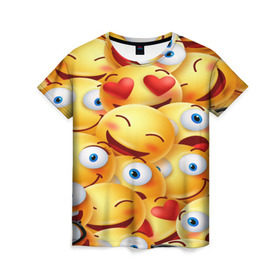 Женская футболка 3D с принтом emoji в Санкт-Петербурге, 100% полиэфир ( синтетическое хлопкоподобное полотно) | прямой крой, круглый вырез горловины, длина до линии бедер | emoji | настроение | позитив | смайлики | смайлы | стикеры | текстура смайл | улыбки | фон смайл | эмодзи